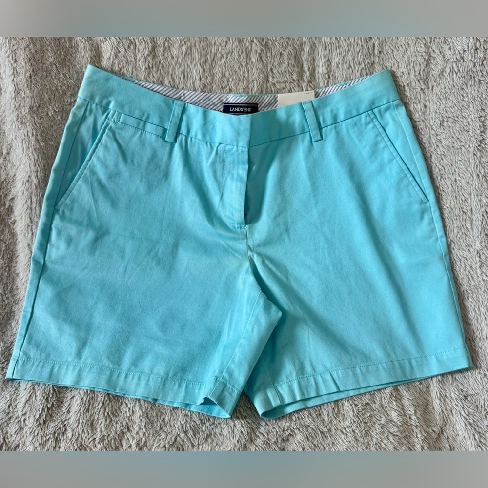 NWT lands end mid rise aqua shell light light blue chino-style shorts size 14P
